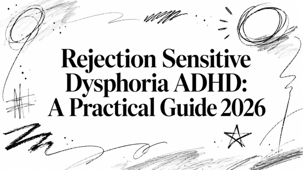 Cover image showing the title: 'Rejection Sensitive Dysphoria ADHD: A Practical Guide 2026' with abstract doodles around the edges.