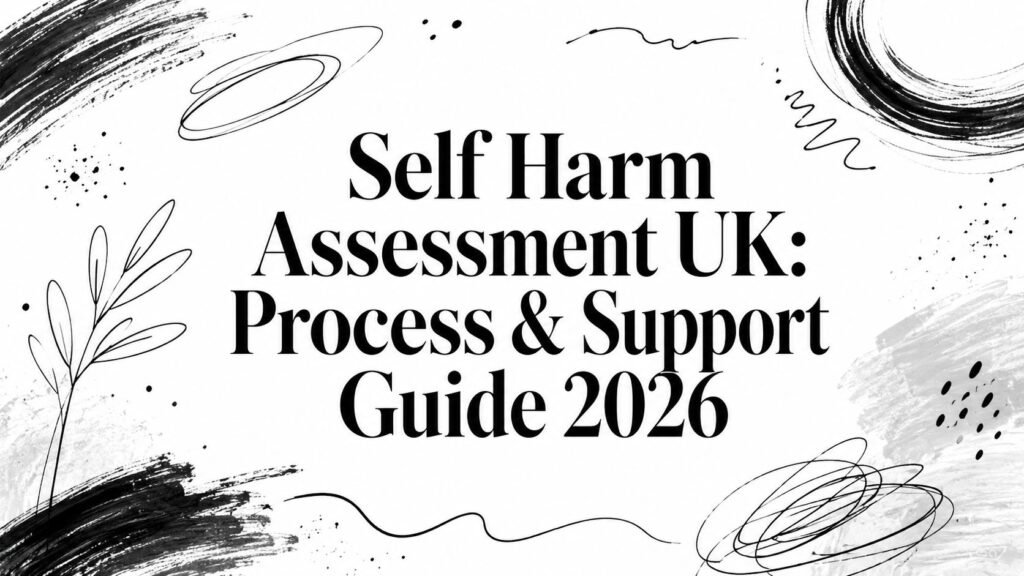 Cover image for Self Harm Assessment UK: Process & Support Guide 2026 with abstract black brush strokes and doodles.