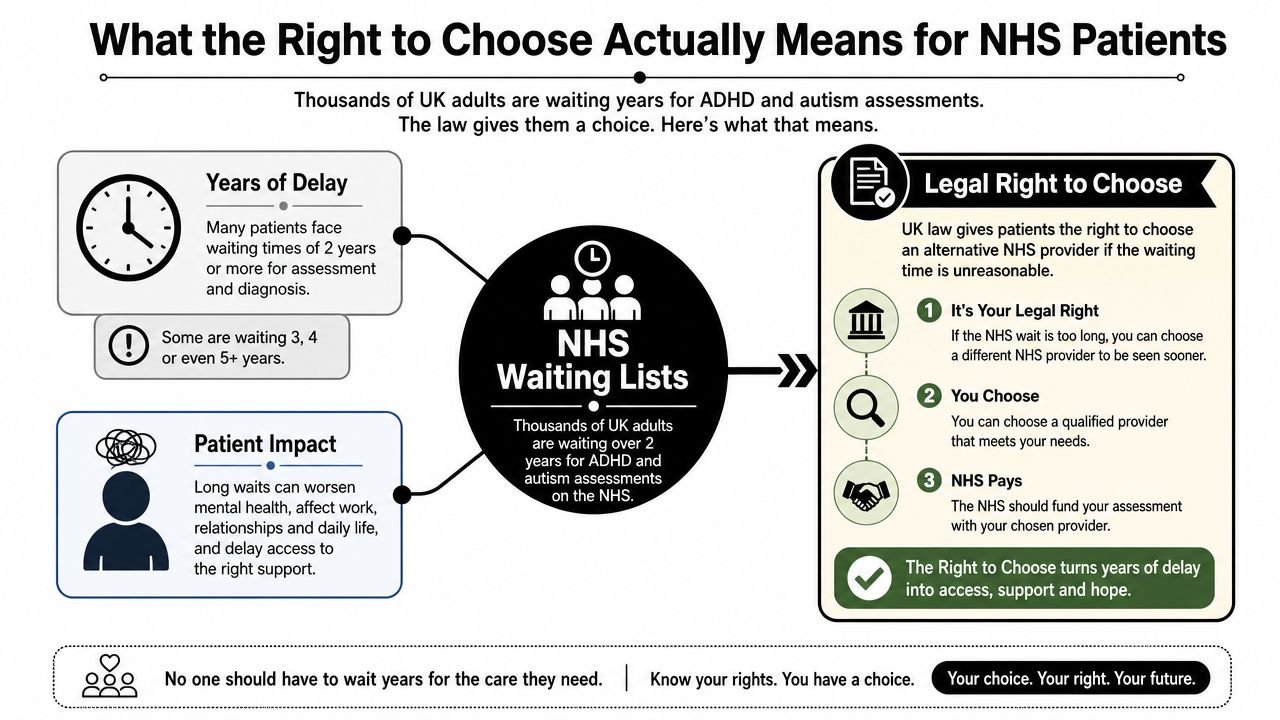 An infographic explaining the NHS Right to Choose policy for patients waiting for ADHD and autism assessments.