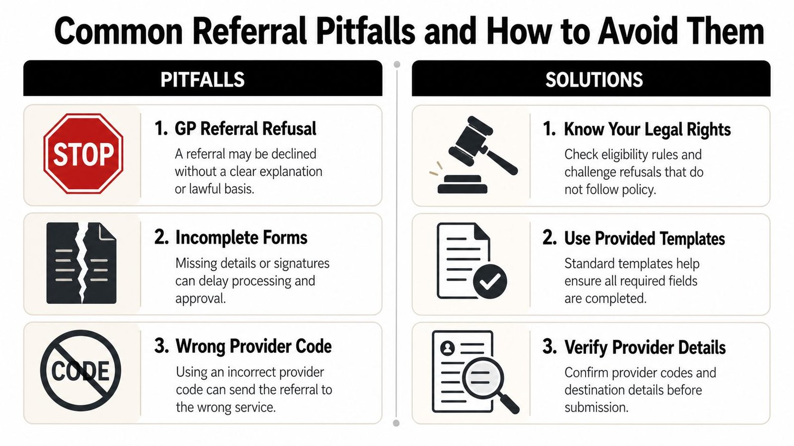 A table outlining three common healthcare referral pitfalls and their corresponding practical solutions for patients.