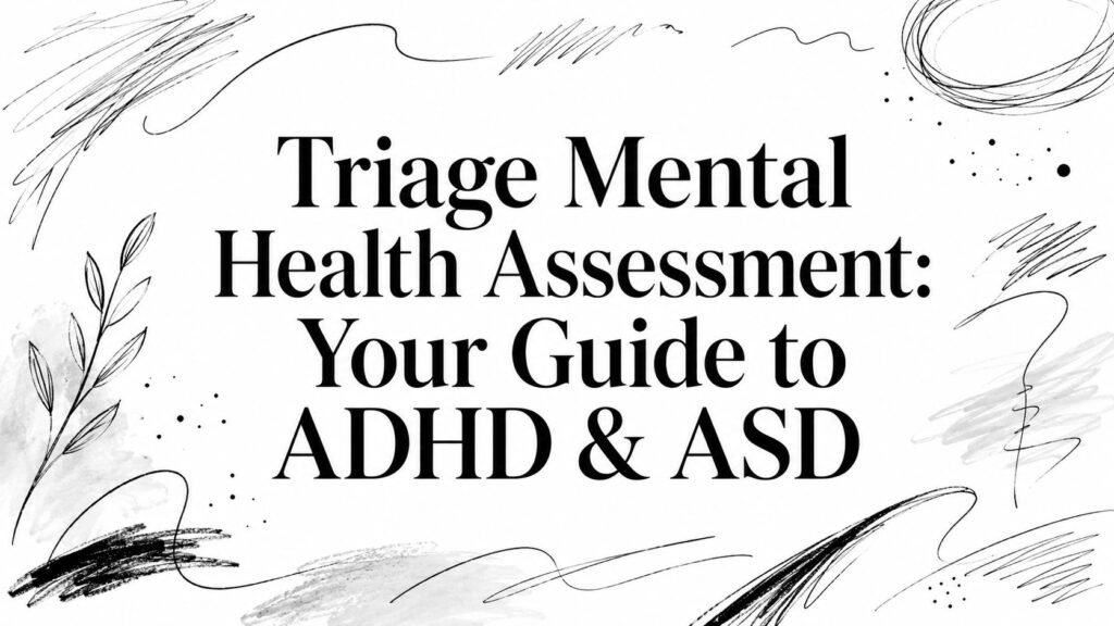 Title card: 'Triage Mental Health Assessment: Your Guide to ADHD & ASD' with black abstract doodles around it.