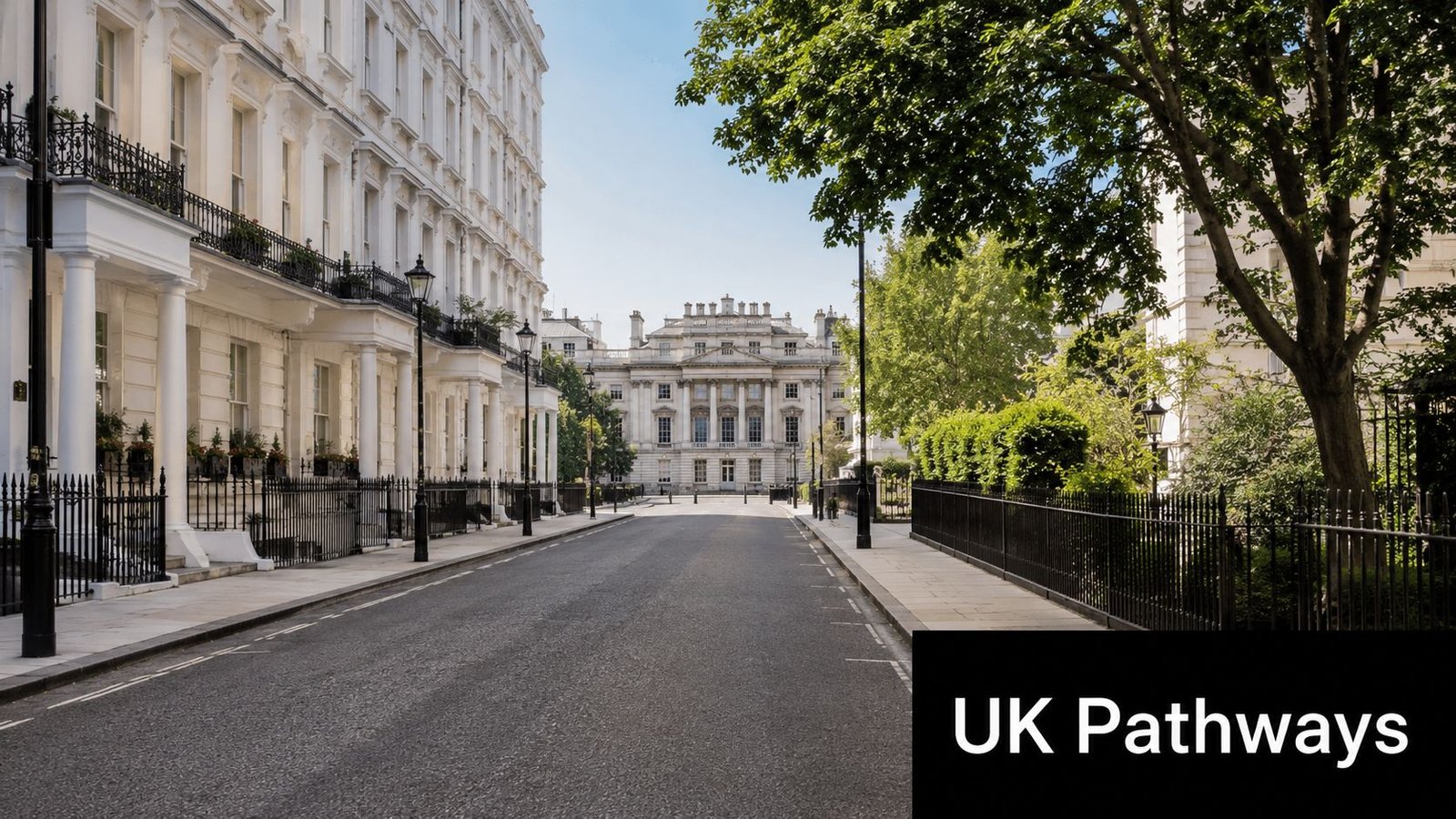 A quiet, scenic street in London lined with historic white buildings and lush trees on a sunny day.