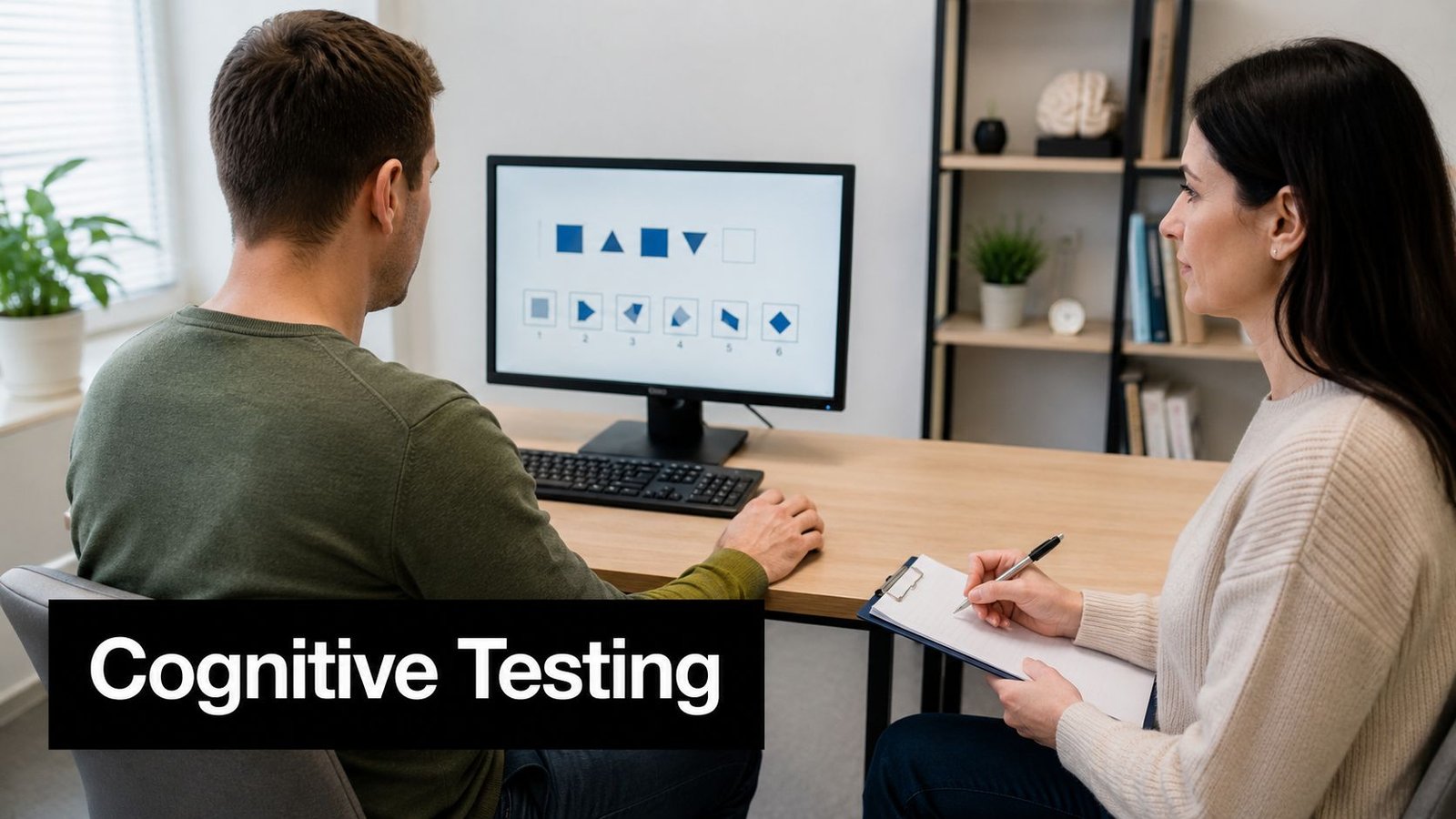 A professional psychologist observes a man taking a digital cognitive assessment test on a computer monitor.