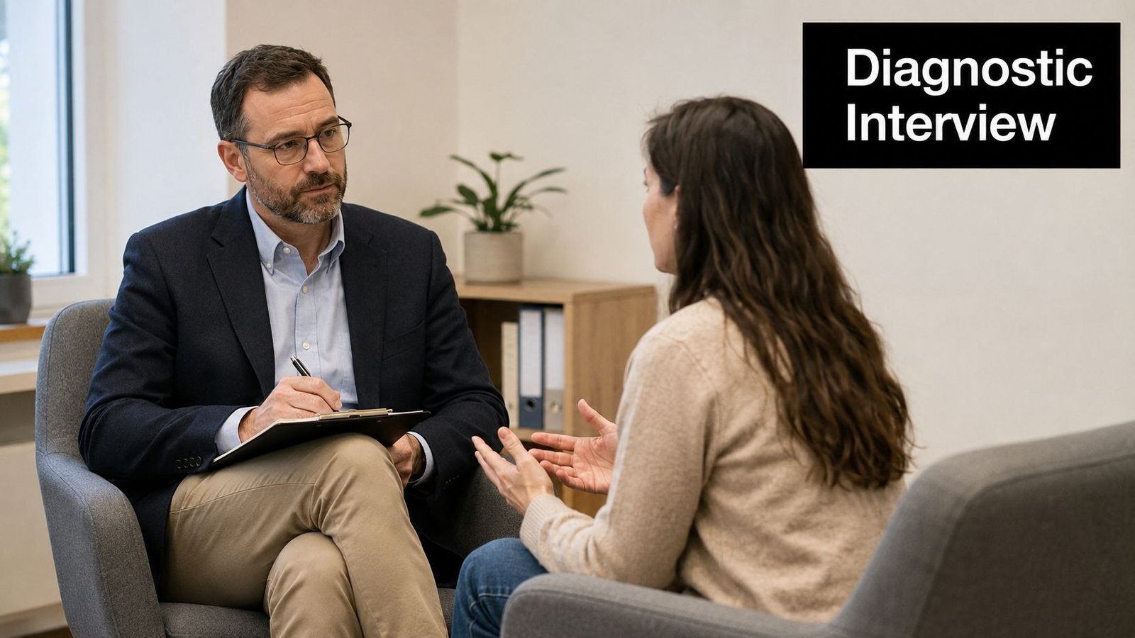 A professional male psychologist conducting a diagnostic interview with a female patient sitting in his office.