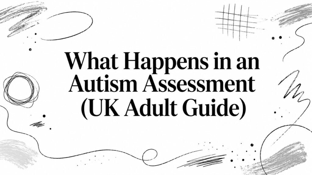 What Happens in an Autism Assessment (UK Adult Guide) — title on a white background with abstract doodles around it