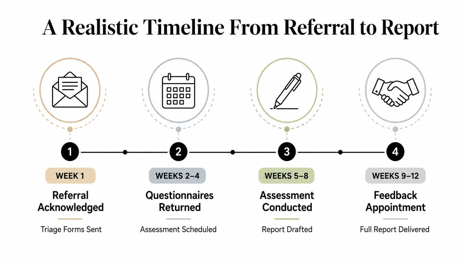 A timeline graphic illustrating the four-stage process from initial referral to receiving an autism assessment report.